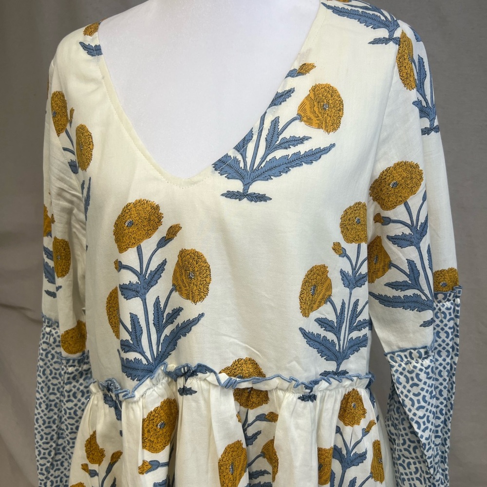 Pink Chicken Midi Dress Cream Blue Yellow Floral Print Sz S Cottagecore Boho - Picture 2 of 6